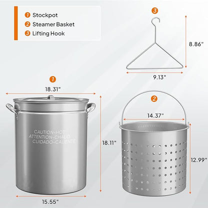 Bonnlo 62QT Stainless Steel Stock Pot for Boiling Seafood, Crawfish lobster & Crab, Frying Turkey & Steaming Tamales, Large Boil Pot with Steamer Basket, Lid, Lifting Hook for Outdoor Cooking Backyard