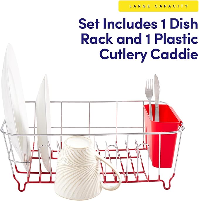 Sweet Home Collection Metal 2 Piece Dish Drying Rack Set Drainer with Utensil Holder Simple Easy to Use Fits in Most Sinks, 14.5" x 13" x 5.25", Red - Image 3