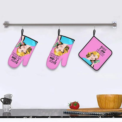 Funny Oven Mitts and Pot Holders Sets, Cute Pink Heat Resistant Oven Gloves and Hot Pads for Baking Cooking Grilling BBQ, Funny Kitchen Baking Gifts for Baker Chef Women