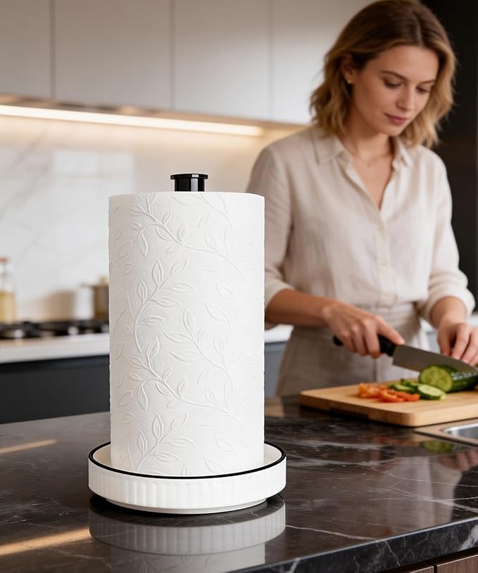 VROOMIUM Paper Towel Holder Countertop, Gold and Ceramic Base Easy-to-Clean, Fits Double to Family Rolls, Elegant and Durable Kitchen Roll Stand, Farmhouse White