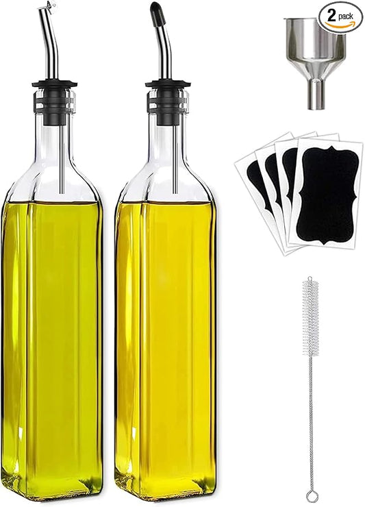 Leaflai Olive Oil Dispenser Bottle, 2 Pcs Glass Olive Oil Dispenser and Vinegar Dispenser Set with 2 Stainless Steel Pourers, 4 Labels,1 Brush and 1 Funnel Oil Bottles for Kitchen (500ml) by Leaflai