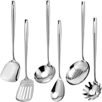 VALESKA 6PCS Stainless Steel Cooking Utensils Set,18/10 Metal Kitchen Utensils Set, Include Wok Spatula Stainless Steel,Metal Pasta Spoon and etc,Easy to Clean by VALESKA