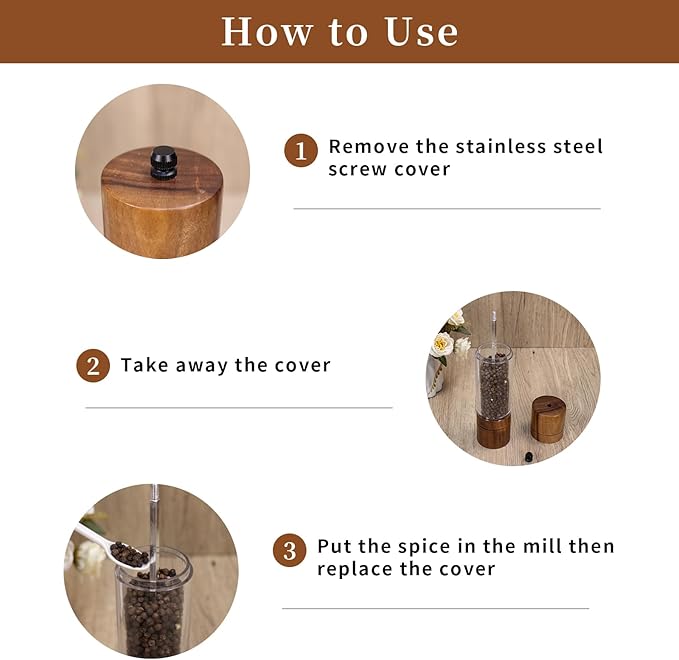 XWXO Acacia Wood Salt Grinder and Pepper Grinder Set Premium Acrylic Salt and Pepper Mill Set, Manual Salt and Pepper Mills- Wooden Shakers with Adjustable Ceramic Core 8 Inches 2 Pack - Image 6
