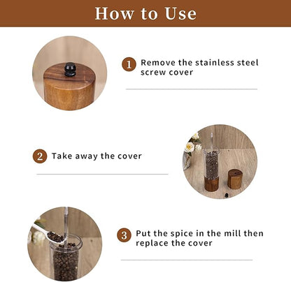 XWXO Acacia Wood Salt Grinder and Pepper Grinder Set Premium Acrylic Salt and Pepper Mill Set, Manual Salt and Pepper Mills- Wooden Shakers with Adjustable Ceramic Core 8 Inches 2 Pack - Image 6