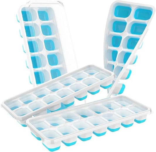 ChefAide Ice Cube Tray with Lid, 4 Packs 56 Cubes Durable Stackable Ice Cube Trays for Freezer with Removable Lids, Easy-Release Plastic & Silicone Ice Tray for Cocktail, Coffee by ChefAide