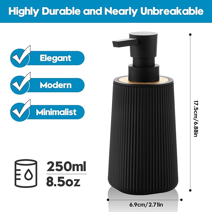 Small Soap Dispenser for Bathroom and Kitchen, Modern Farmhouse Striped Style Plastic Hand Soap Dish Soap Dispenser with Bamboo Decor Black - Image 3