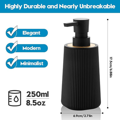 Small Soap Dispenser for Bathroom and Kitchen, Modern Farmhouse Striped Style Plastic Hand Soap Dish Soap Dispenser with Bamboo Decor Black - Image 3