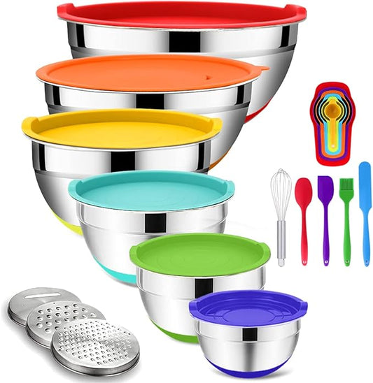 Rottay Mixing Bowls with Airtight Lids, 20PCS Stainless Steel Mixing Bowl Set, Nesting Bowls with 3 Grater Attachments & Non-Slip Bottoms, Size7, 4, 3, 2, 1.5, 1QT Bowls for Baking&Prepping by Rottay