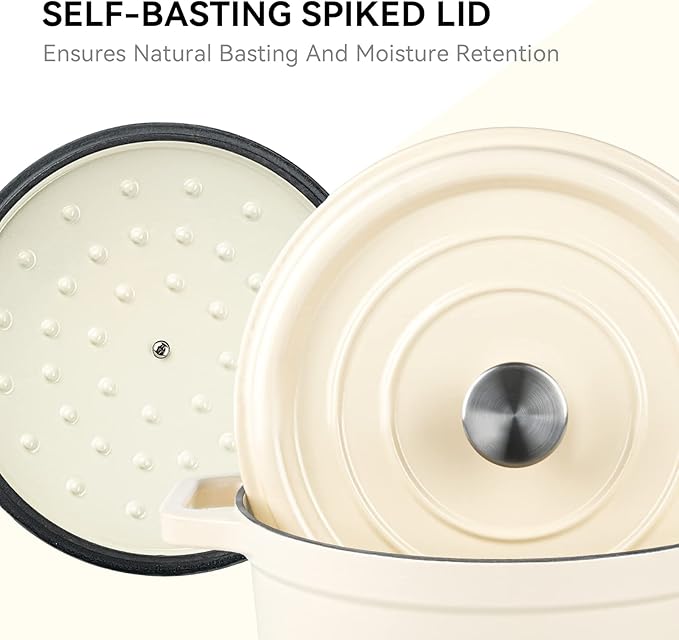 Miereirl 6.5 Quart Enameled Dutch Oven Pot with Lid, Cast Iron Dutch Oven with Dual Handles for Bread Baking, Cooking, Non-stick Enamel Coated Cookware (Beige) - Image 6