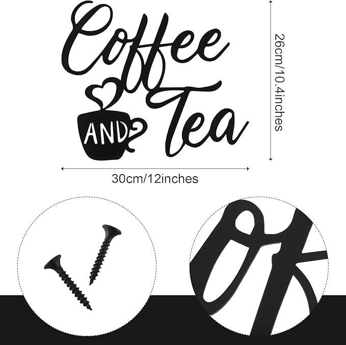 Ferraycle Coffee Bar Decor, 12 x 10.2 Inch Sign for Wall Metal Rustic Hanging Wall Art Vintage Black Cup Letter Sign for Cafe Home Office Kitchen(Coffee and Tea) - Image 3