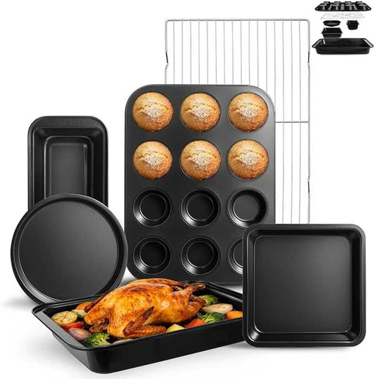 5-Piece Nonstick Baking Pans Set - Professional Grade Carbon Steel Bakeware with Premium Coating- Dishwasher Safe, Stackable, Oven Safe to 450°F (Black-5PCS)