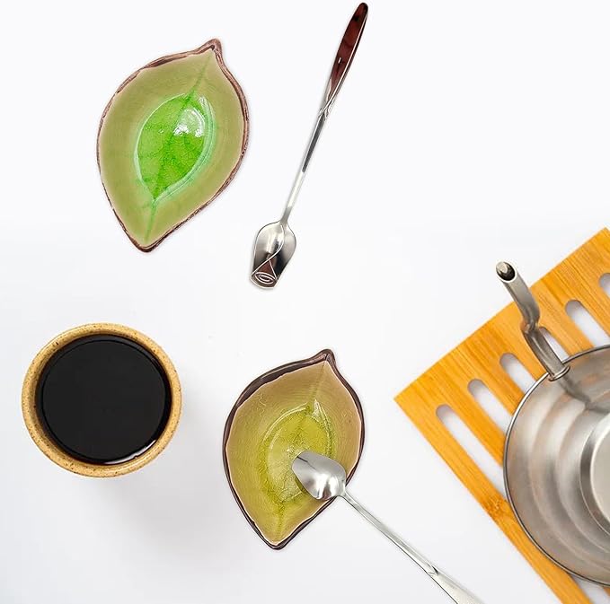 2 Pack Coffee Spoon and Leaf Rest Set, Ice Cracks Leaf Ladle Holder, Tea Spoon Rest for Kitchen Counter, Dining Table, Coffee Bar Teaspoon Rest with Spoon (Bright yellow and Grass green) - Image 6