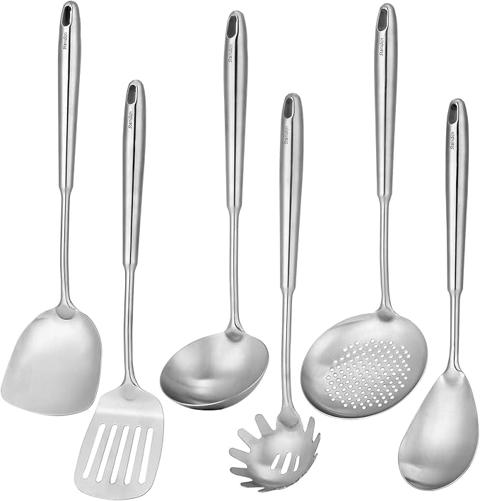 18/10 Stainless Steel Kitchen Utensils Set, 6 PCS All Metal Professional Cooking Utensils, 15" Long Kitchen Tools - Spatula, Ladle, Skimmer Spoon, Pasta Serve, Large Spoon, Slotted Spatula Tunner by Standcn
