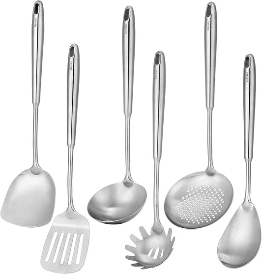 18/10 Stainless Steel Kitchen Utensils Set, 6 PCS All Metal Professional Cooking Utensils, 15" Long Kitchen Tools - Spatula, Ladle, Skimmer Spoon, Pasta Serve, Large Spoon, Slotted Spatula Tunner by Standcn