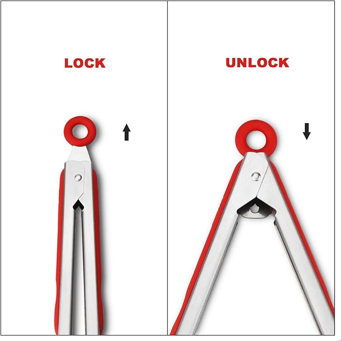 Premium 304 Stainless Steel Tongs Set – 12" Grill Tongs & 9" Cooking Tongs, Heat Resistant up to 600°F, Wavy Grip Head, Non‑Slip Handle with Locking Clip & Hanging Loop, Dishwasher Safe, Red - Image 4