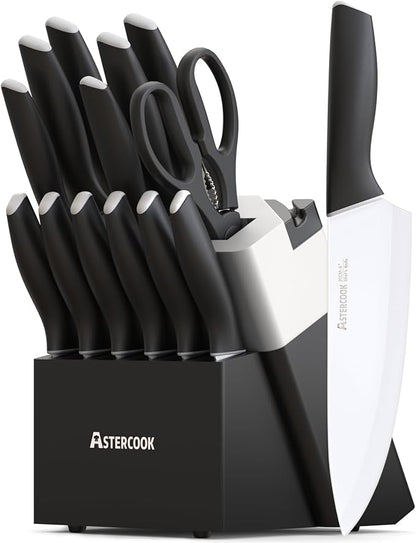 Astercook Knife Set, Kitchen Knives with Block and Sharpener 15 Pcs German Stainless Steel Knives Sharp Blade Dishwasher Safe Deba Knives with Ergonomic Handle, Elegant Black by Astercook