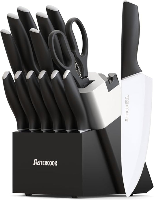 Astercook Knife Set, Kitchen Knives with Block and Sharpener 15 Pcs German Stainless Steel Knives Sharp Blade Dishwasher Safe Deba Knives with Ergonomic Handle, Elegant Black by Astercook