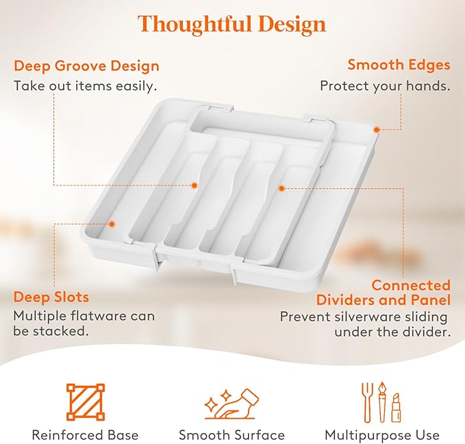 Lifewit Silverware Drawer Organizer, Expandable Utensil Tray for Kitchen, BPA Free Flatware and Cutlery Holder, Adjustable Plastic Storage for Spoons Forks Knives, 8.9-14.7 x 12.2", White - Image 7
