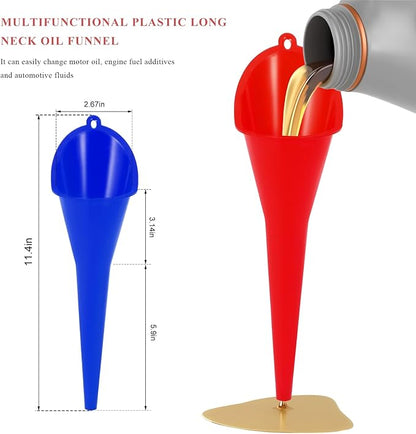 2 PCS Oil Funnel, Multi-Purpose Plastic Long Neck Oil Funnel, Automotive Use Funnels for Filling Oils Lubricants Water Diesel, Kitchen Funnels for Filling Bottles Jars (Blue+Red)