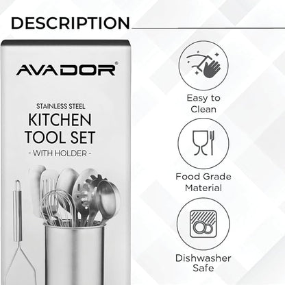 Avador® Premium Set of 10 Stainless Steel Kitchen Tool Set with Holder Easy To Clean, Space Saving, Great for Cooking, Baking, Prepping - Image 3