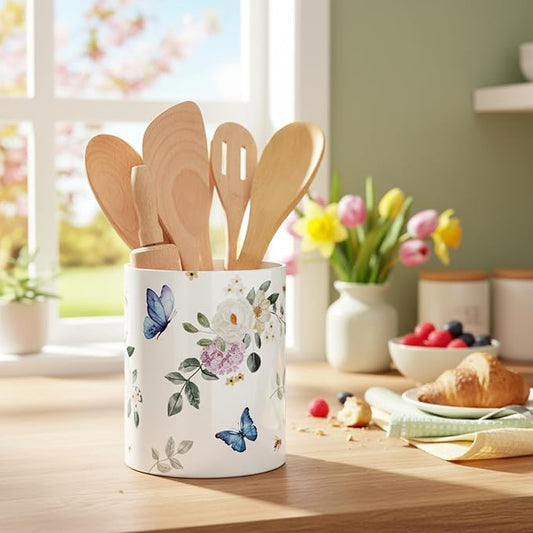 WILLBOND Butterfly Spring Kitchen Decor Acrylic Butterfly Kitchen Utensil Holder Crock Spoon Organizer for Countertop Table Decor Coffee Spoon Holder Jar for Cooking Tools