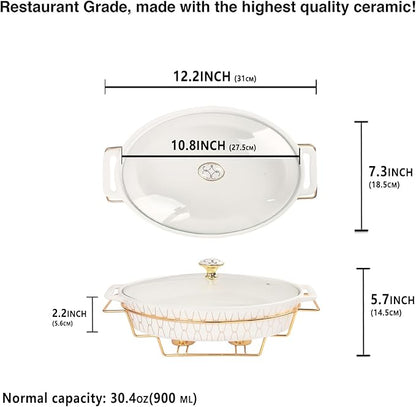 10" x 7" Ceramic Oval Casserole Dish with Glass Lid and Gold rack, 30 ounce Serving Soup Tureen,Chafing Dish for Buffet, Family Food preserve Tray, Catering Casserole for Party Style