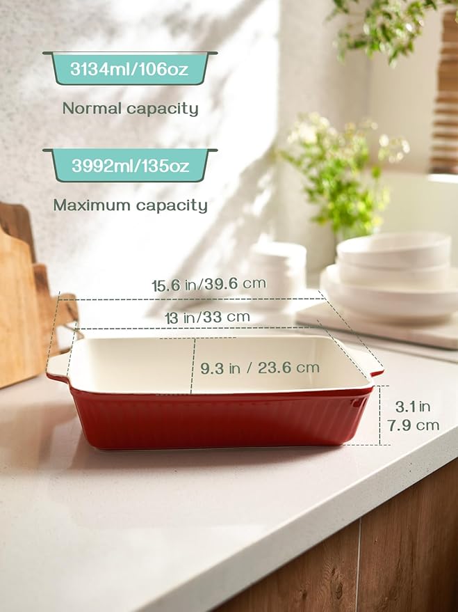 DOWAN 9x13-inch Deep Casserole Baking Dish for Lasagna, 135 oz Ceramic Pan with Handles, Oven Safe for Baking and Home Decor, Red - Image 2