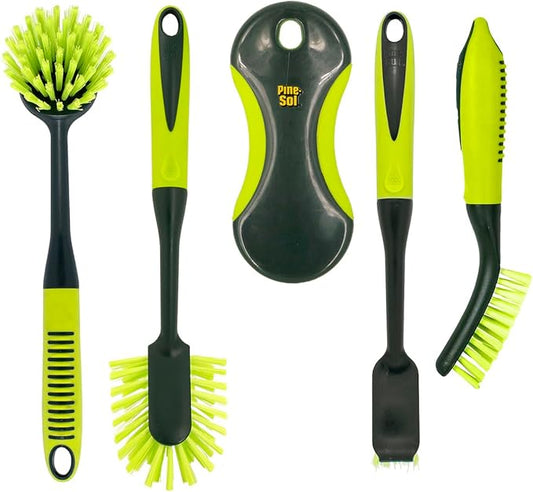 Pine-Sol Scrub Brush Set - Long Handle Cleaning Brushes with Heavy Duty Bristles and Comfort Grip - Scrubbers for Kitchen, Household, and Dishwashing, 5 Pieces by Pine-Sol