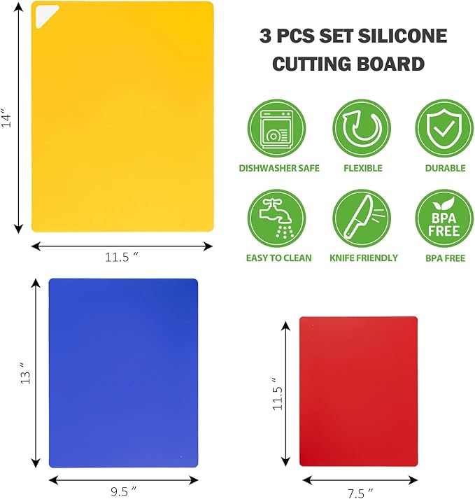WK Flexible Plastic Cutting Boards for Kitchen Set of 3, Non slip Cutting Mats, Colorful Thin Cutting Sheets for Meat, BPA Free, Dishwasher Safe - Image 2