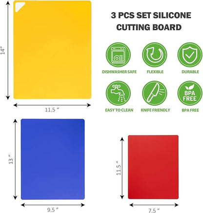WK Flexible Plastic Cutting Boards for Kitchen Set of 3, Non slip Cutting Mats, Colorful Thin Cutting Sheets for Meat, BPA Free, Dishwasher Safe - Image 2