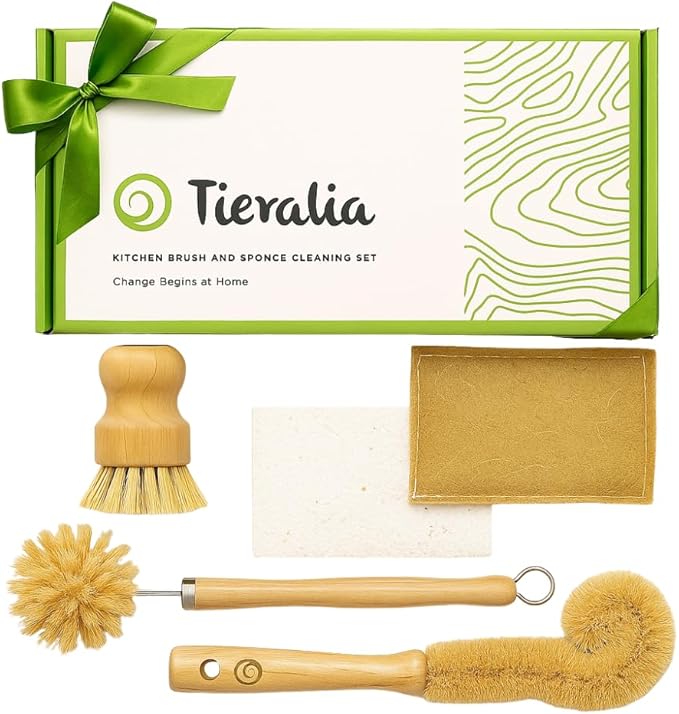 Tieralia Bamboo Dish Brush Gift Set – 5-Piece Kitchen Cleaning Set with Bottle Brush, Round Scrub Brush, Palm Brush & 2 Plant-Based Sponges | Wooden Handle Cleaning Tools for Dishes & Surfaces by Tieralia