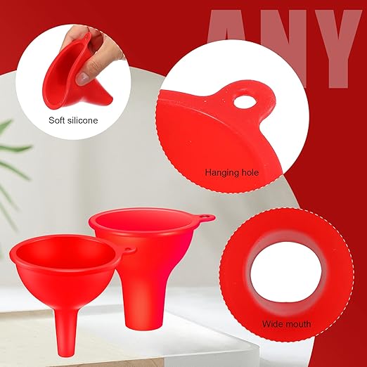 Silicone Funnels 4 Pieces Wide Mouth Funnel Small and Large Flexible Condiment Sauce Canning Set for Squeeze Bottles Jars Cans, Spice Filling Bottles Liquid Oil and Powder(Red) - Image 3
