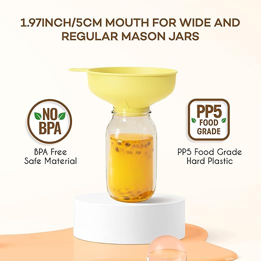 Wide Mouth Versatile Funnel, Canning Funnels for Kitchen Use, Food Grade Plastic Cooking Funnel Set with 4 Size Spouts and 2 Strainers for Filling Different Bottles and Bags, Yellow
