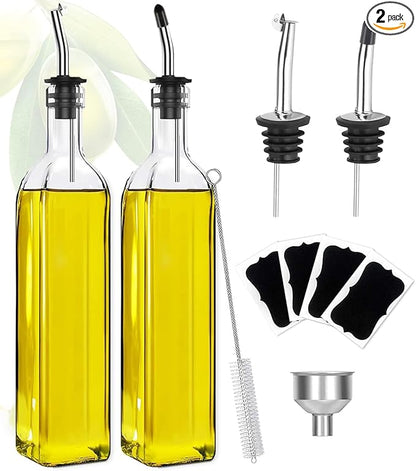 Showvigor Olive Oil Dispenser Bottle, Vinegar Cruet Bottle 17oz/500 ml, Square Tall Glass Oil Container with 2 Stainless Steel Pourers, 4 Labels,1 Brush and 1 Funnel Oil Bottles for Kitchen(2 Set) by Showvigorismorethanjustabranditsalifestyle