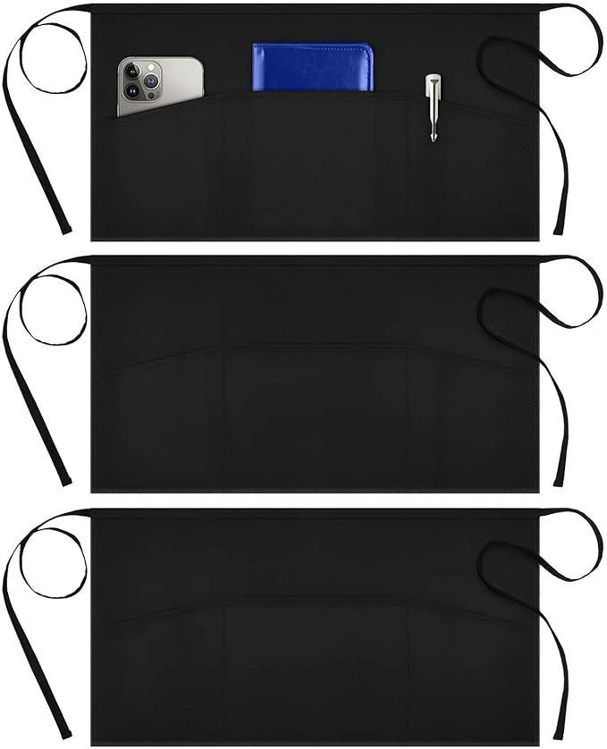 Syntus 3 Pack Server Aprons with 3 Pockets, Waterdrop Resistant Waitress Waiter Waist Apron, 11.5-inch Black by Syntus