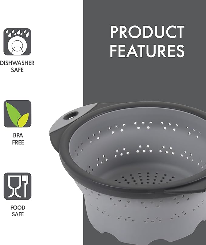 Dexas 8" Collapsible Silicone Colander in Cool Grey, Kitchen Strainer with Handles, 7.2 Cup Capacity | BPA-Free, Heat-Resistant, Space-Saving Kitchen Tool - Image 3