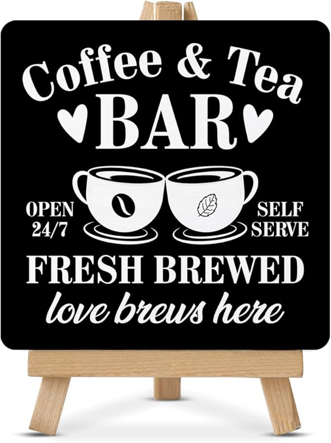 Coffee Tea Bar Decor, Coffee and Tea Bar Wood Sign with Easel Home Kitchen Desk Shelf Table Tiered Tray Decorations by HOIJAUMAI