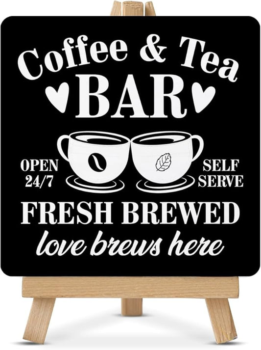 Coffee Tea Bar Decor, Coffee and Tea Bar Wood Sign with Easel Home Kitchen Desk Shelf Table Tiered Tray Decorations by HOIJAUMAI