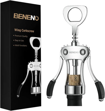 Beneno Wine Opener, Zinc Alloy Premium Wing Corkscrew with Multifunctional Bottles Opener, Sharp Wine Corkscrew with Ergonomic Non-Slip Wing Handle, Silver by Beneno