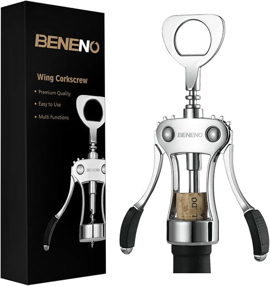 Beneno Wine Opener, Zinc Alloy Premium Wing Corkscrew with Multifunctional Bottles Opener, Sharp Wine Corkscrew with Ergonomic Non-Slip Wing Handle, Silver by Beneno