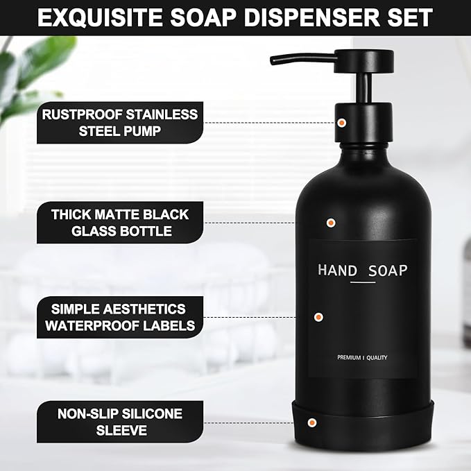 Black Glass Soap Dispenser with Stainless Steel Pump, 16.9 Fl oz Soap Dispenser Set for Kitchen, Matte Black Hand Dish Soap Dispensers for Kitchen and Bathroom, Lotion Dispenser Bathroom Decor - Image 3