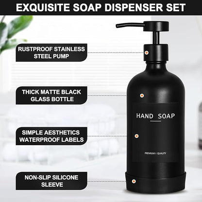 Black Glass Soap Dispenser with Stainless Steel Pump, 16.9 Fl oz Soap Dispenser Set for Kitchen, Matte Black Hand Dish Soap Dispensers for Kitchen and Bathroom, Lotion Dispenser Bathroom Decor - Image 3