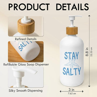 Blue Coastal Starfish Soap Dispenser, Beach Summer Glass Dish Soap Dispenser for Kitchen, Nautical Ocean Refillable Handsoap Pump Bottle for Bathroom Countertop Kitchen