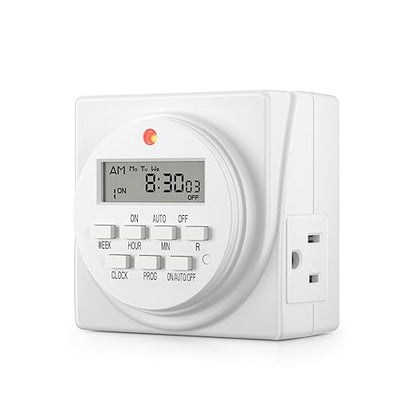 BN-LINK Indoor Digital Timer Outlet, Dual Outlet 7 Day Programmable Light Switch, 3 Prong Plug in Timers for Electrical Outlets, Lamps, Fans, 8 On/Off Programs, 1 Pack, 15A/1875W, ETL Listed by BN-LINK