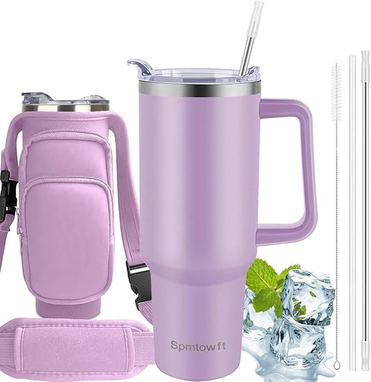 40oz Stainless Steel Double Vacuum Tumbler with Handle, Straw Lid, Carrier Bag, Purse Pouch Phone Pocket, Gym Water Bottle Travel Mug and Sleeve Holder for Men Women (Upgraded-Purple)