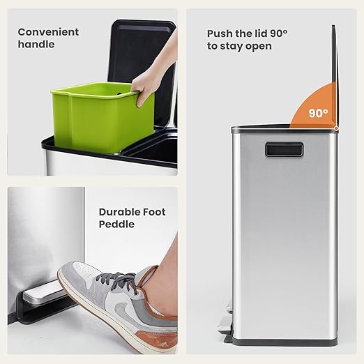 2×8 Gallon Kitchen Trash Can with Lid - Large Stainless Steel Garbage Can with Soft-Close Foot Pedal and Removable & Compartment PlasticInner Bucke, Trash Bin for Home, Bedroom, Office - Image 5