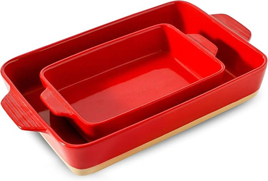 Ceramic Baking Casserole Dish with Handles, Large 9x13 inch Pan and Middle Baking Pan - Porcelain Serving Bakeware Set (Vintage Red) by Howise