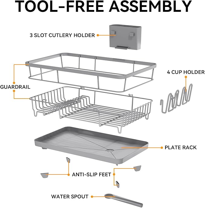 TOOLF Dish Drying Rack, Dish Racks for Kitchen Counter, Stainless Steel Sink Organization and Storage Essentials with Cutlery Holder, Dish Drainer, Home and Appartment Decor, 12.4''W x 16.5''L, Gray