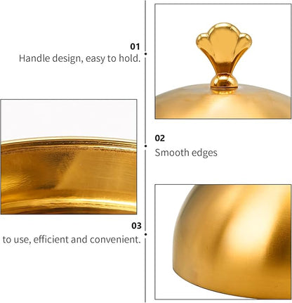 Gold Stainless Steel Food Dome Cover Food Protecting Dome Cover Serving Plate Dish Dome Cake Butter Dessert Cheese Cover for Burgers Restaurant Party (Crown Handle)