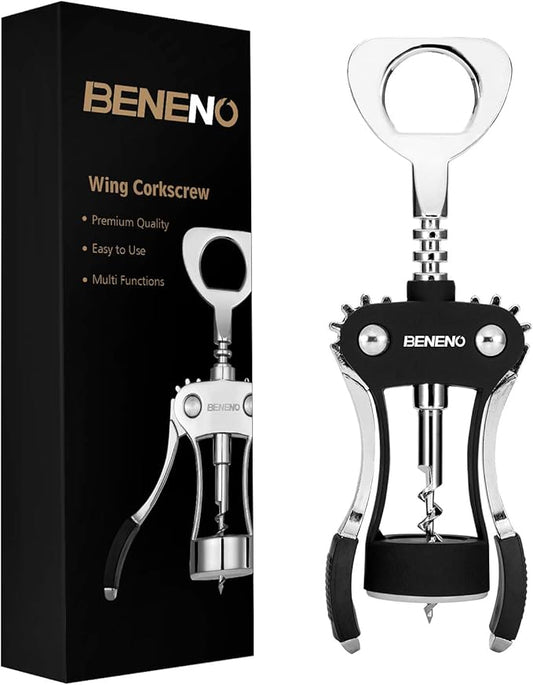 Beneno Wine Opener, Zinc Alloy Premium Wing Corkscrew with Multifunctional Bottles Opener, Sharp Wine Corkscrew with Ergonomic Non-Slip Wing Handle, Upgrade Black by Beneno